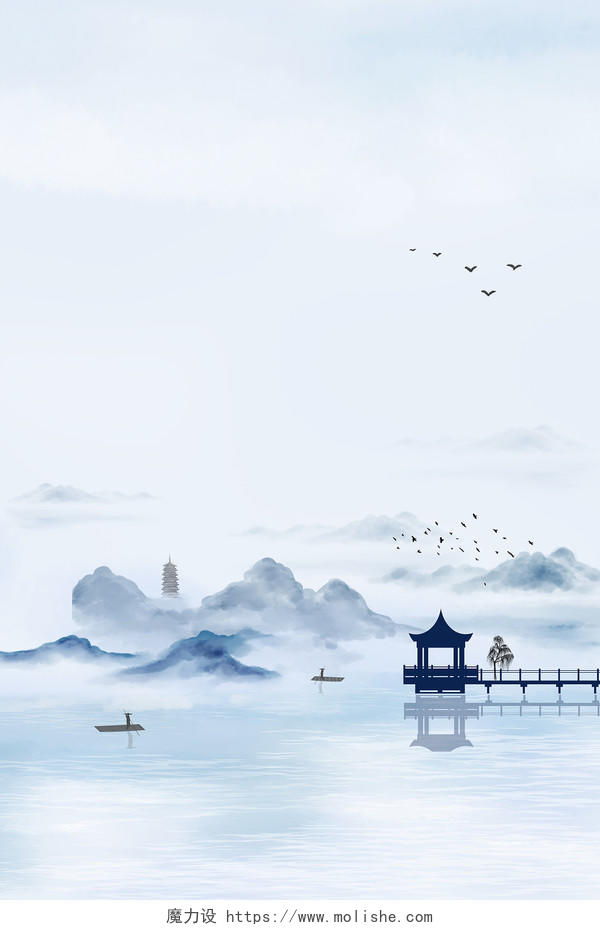 蓝色简约大气水墨中国风二十节气清明节背景